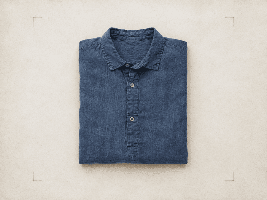 A single folded linen shirt on paper with faint corner registration marks