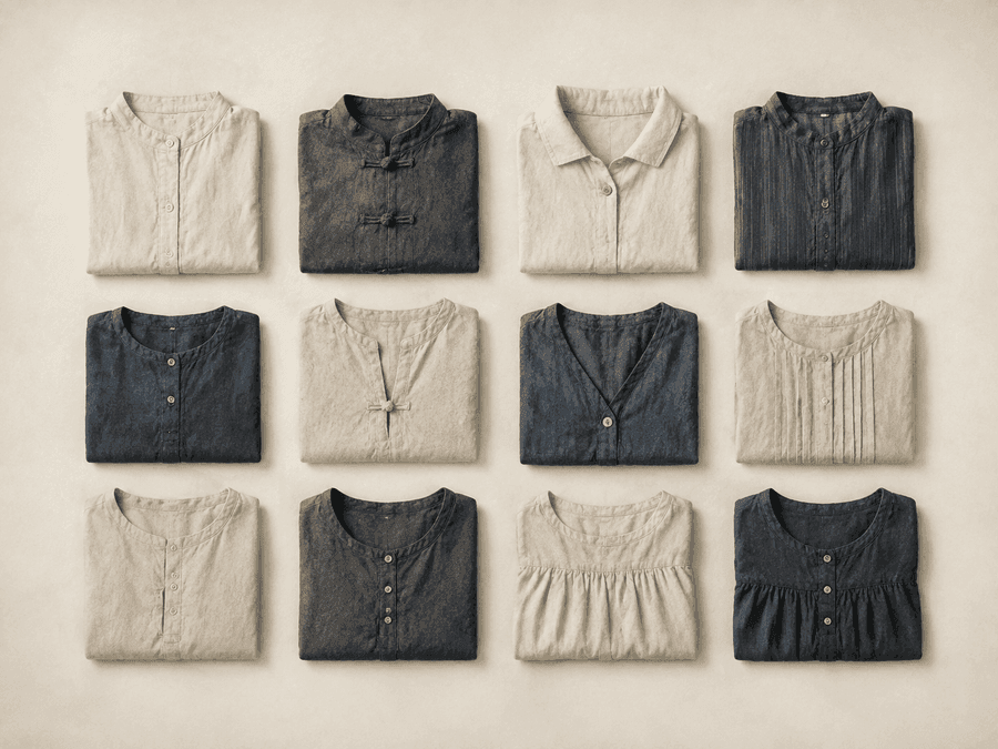 Twelve small folded garments arranged in an even grid
