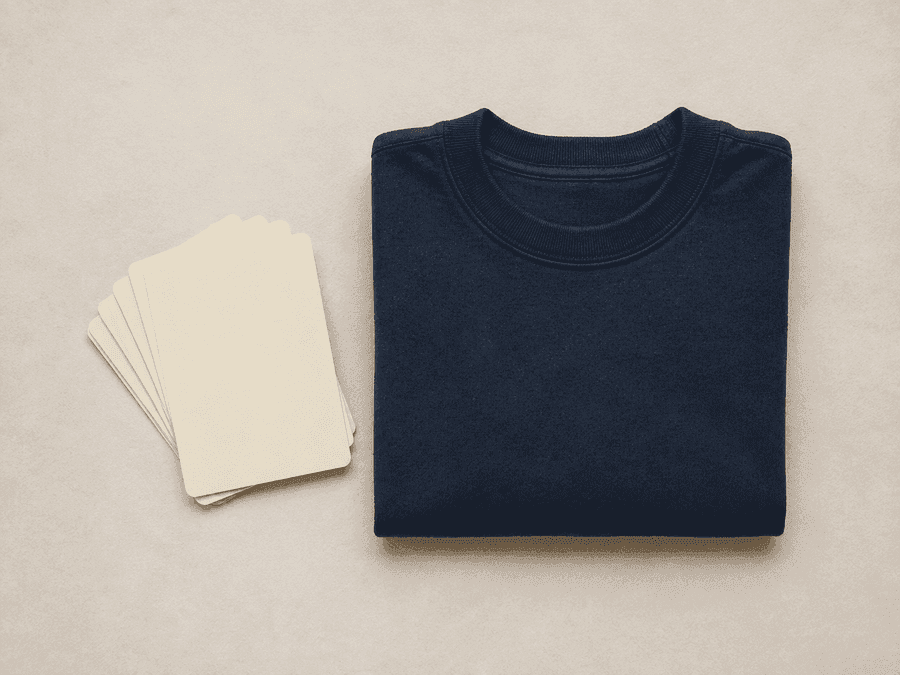A short stack of blank cream index cards beside a folded garment